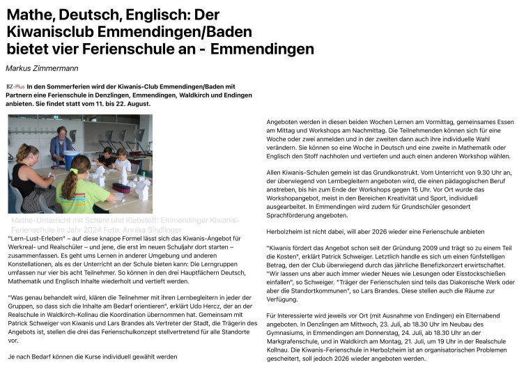 Kiwanis Ferienschule Emmendingen Denzlingen Waldkirch Endingen Herbolzheim 2025